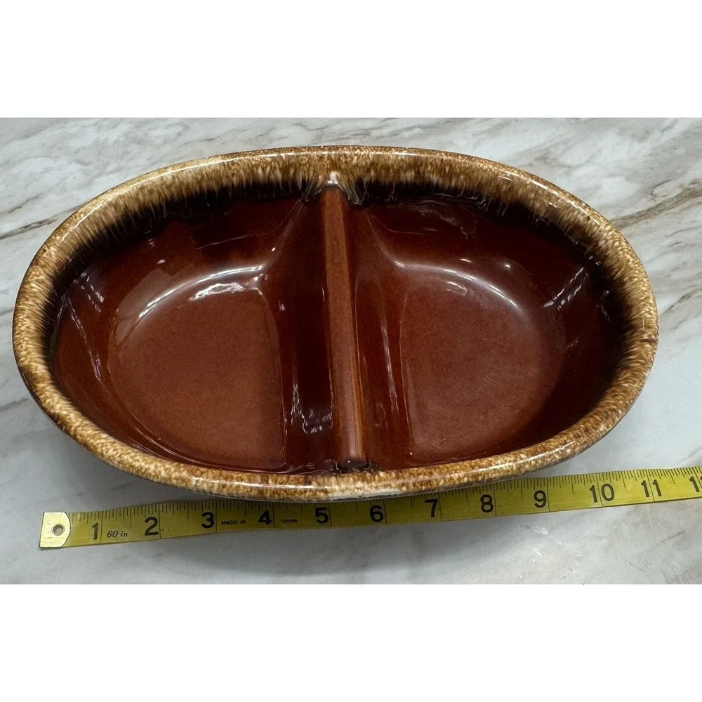 HULL OvenProof‎ BROWN DRIP GLAZE DIVIDED SERVING BOWL DISH OVEN PROOF USA